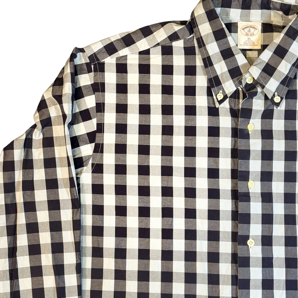 Vintage Brooks Brothers XL Slim Fit Navy Blue Gingham Button Down Shirt USA Made - Picture 4 of 10